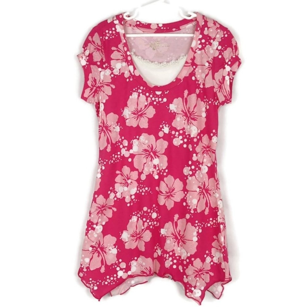 Copper Key Tunic Top Girls Size 12 Pink Hibiscus Floral Glitter Handkerchief Hem